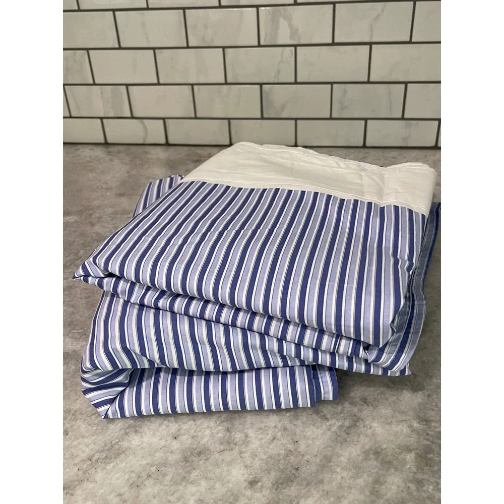 2 Ralph Lauren Flat Sheets Size Twin Putney Blue White Striped Cotton Bedding